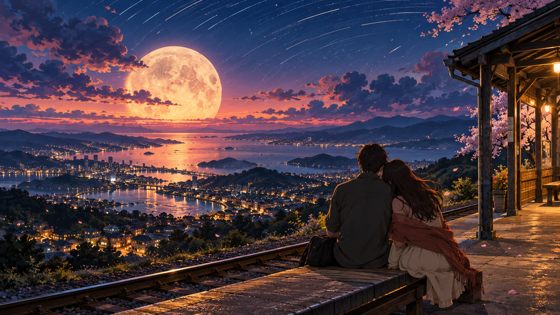 Original anime-inspired romance illustration of two adult travelers at a moonlit hilltop train platform above a glowing city