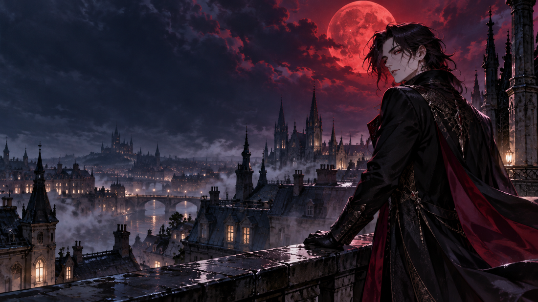 Gothic anime vampire stands on a rain-slick city rooftop beneath a crimson moon