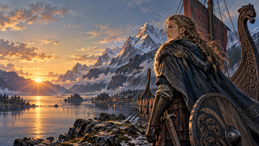 Norse warrior and longship on a fjord shore at dawn