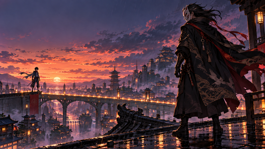 An original masked anime antagonist faces a lone hero across a rooftop above a Japanese city at dusk.