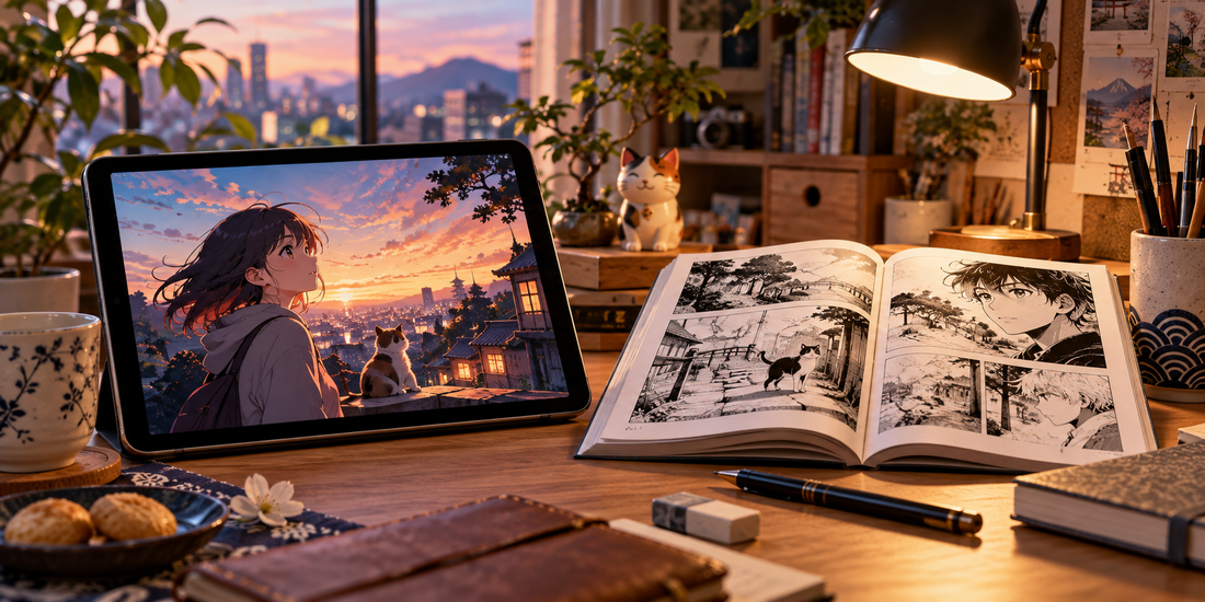 Anime and manga side by side on a creative desk