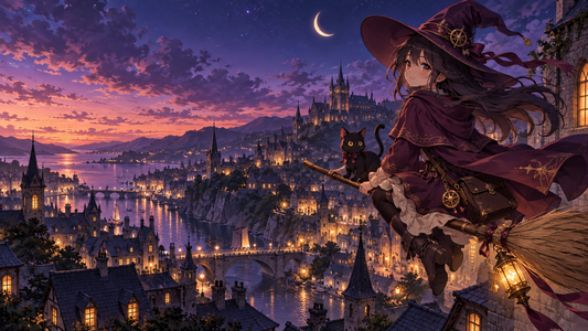 A young anime witch rides a broom above a town at twilight with a cat familiar
