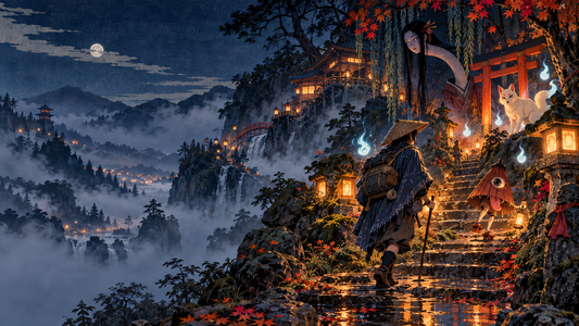 Anime traveler encounters mysterious yōkai along a lantern-lit mountain path