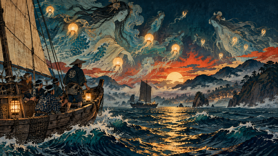 Uncanny sea apparitions and ghost lights hover above a Japanese sailing boat