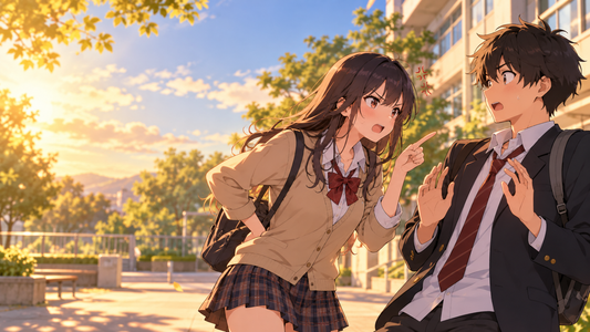 Two original anime-style friends react to an exasperated remark in a school courtyard after class.