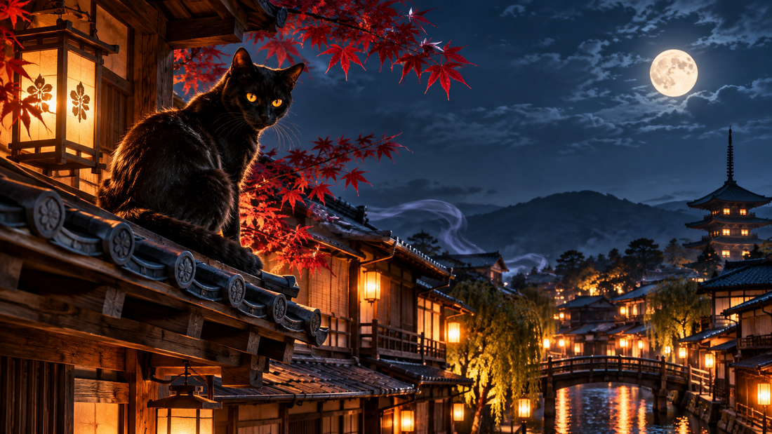 Bakeneko folklore banner showing a black cat on an Edo-period rooftop beneath a full moon