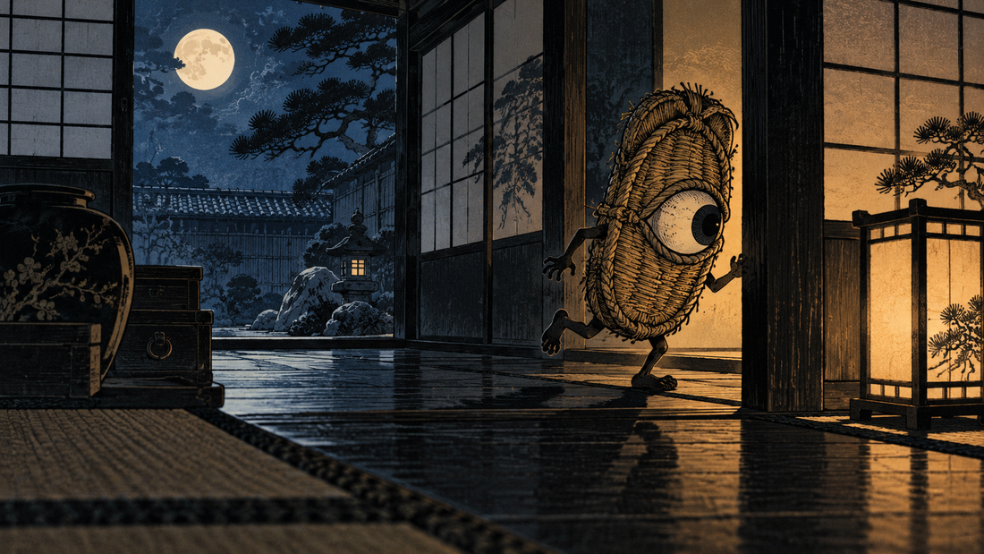 A one-eyed straw sandal spirit scampers through a moonlit Edo-period home