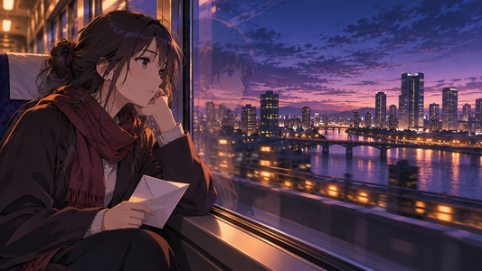 Anime character watching city lights through a train window at blue hour