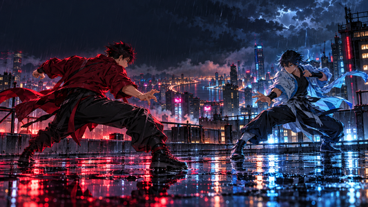 Two original anime-inspired fighters facing off on a rain-lit city rooftop