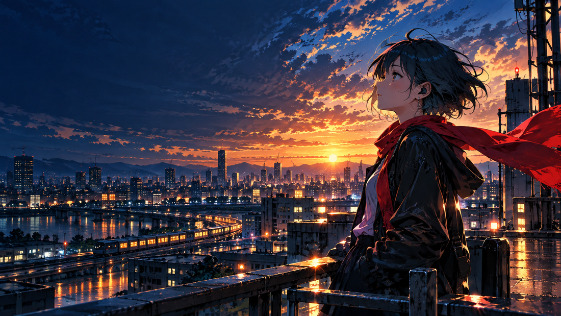 Original anime-inspired singer overlooking a glowing city at twilight