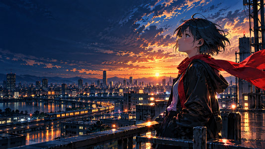 Original anime-inspired singer overlooking a glowing city at twilight
