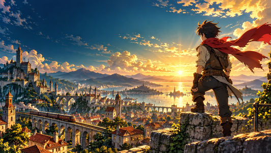 Original anime adventurer looking toward a sunrise over the city