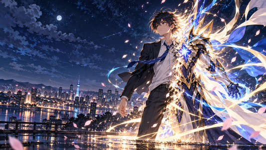 Original anime hero between an everyday look and a luminous transformed form