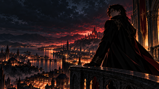 Original anime antagonist overlooking a glowing city from a night balcony
