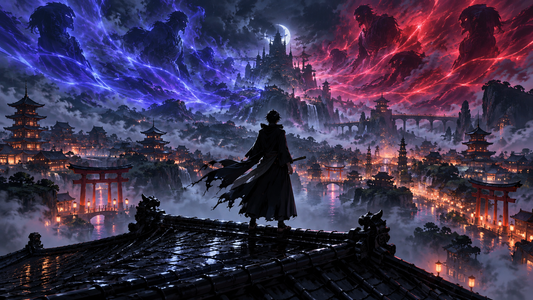 Original sword-bearing silhouette overlooking a spectral city beneath indigo and crimson spiritual waves