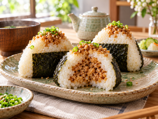 Chicken soboro onigiri with a savory ground chicken center, nori, sesame, and scallion