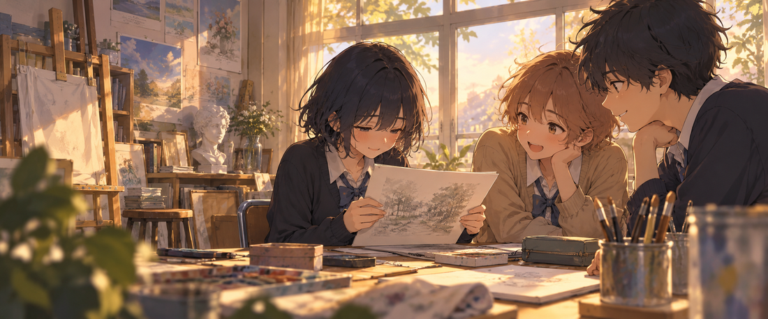 A quiet student shares a sketch with two supportive classmates in an art clubroom.