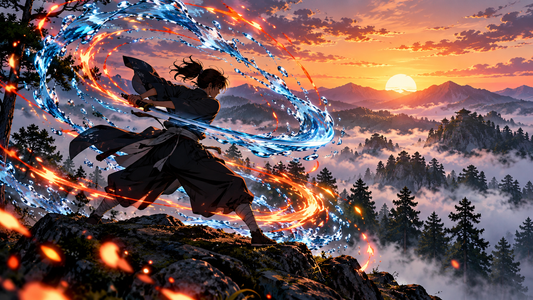 Original swordsman practices flowing water-like and ember-like sword motions on a mountain at dawn