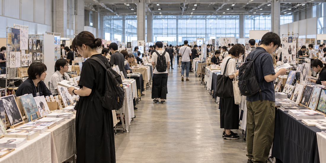 Visitors browse booklets and artwork at tables inside a self-publishing fair.