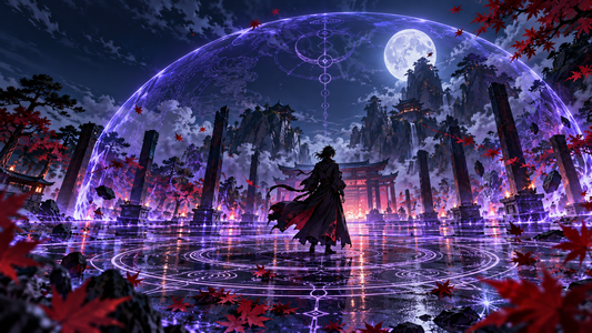 Original sorcerer stands inside a glowing violet domain barrier beneath a full moon