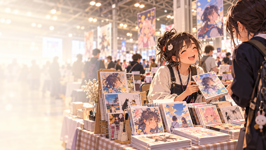 An independent manga creator presents self-published booklets to a reader at a Tokyo fan convention.