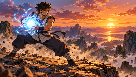 A martial artist gathers a bright ki sphere on a rocky plateau