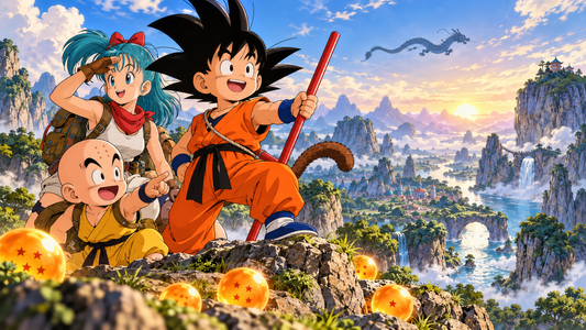 Young Goku, Bulma, Krillin and Dragon Balls on a mountain adventure