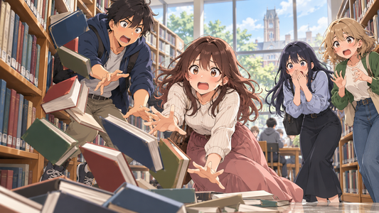 Adult college friends react comically to books tumbling in a campus library