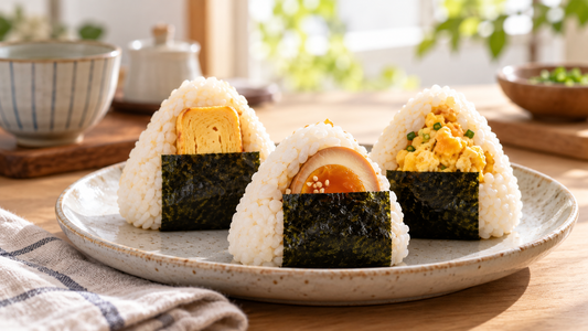Three egg onigiri with tamagoyaki, soy-marinated egg and scrambled egg fillings