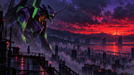 Purple and green biomechanical mecha overlooking a futuristic city at a red sunset