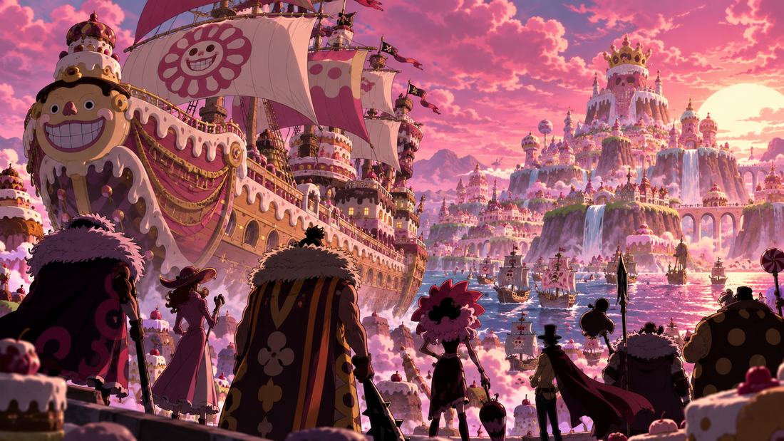 Grand pirate ship sailing beside candy-colored islands for the Big Mom Pirates