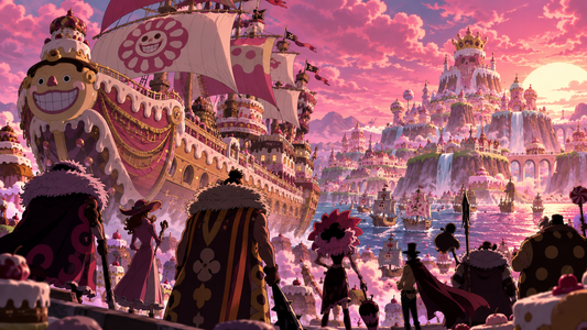 Grand pirate ship sailing beside candy-colored islands for the Big Mom Pirates
