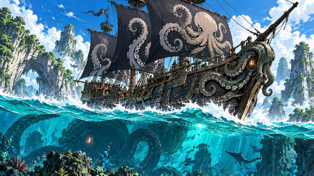 Octopus-motif pirate ship gliding above turquoise water for the Takotopus Pirates