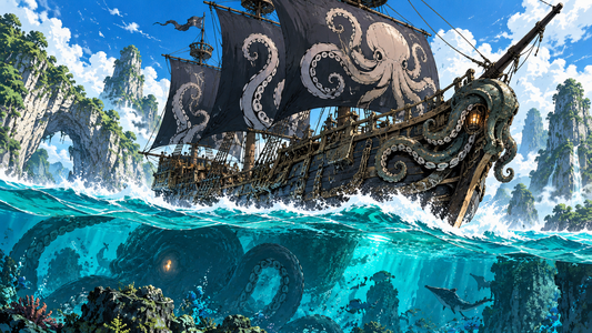 Octopus-motif pirate ship gliding above turquoise water for the Takotopus Pirates