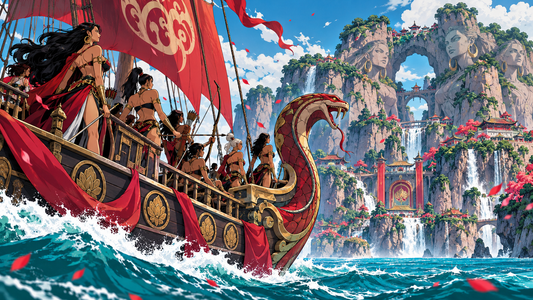 Amazon Lily-inspired warrior ship near tropical cliffs for the Kuja Pirates