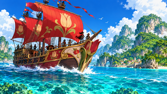 Red-sailed pirate ship with tulip motifs near tropical islands