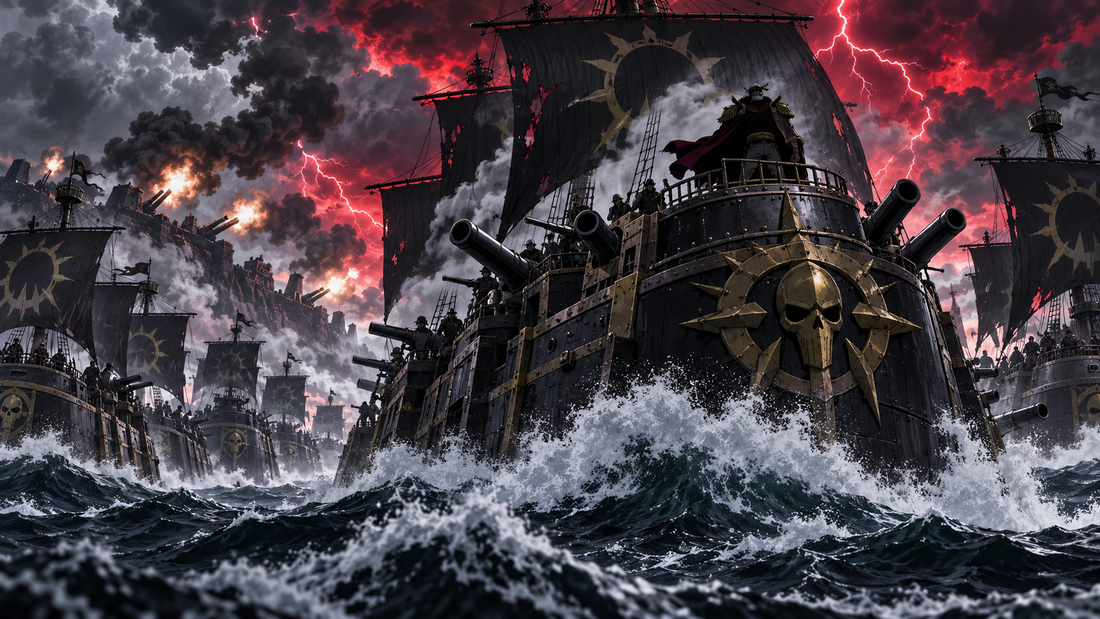 Krieg Pirates fleet of armored ships crossing a stormy ocean