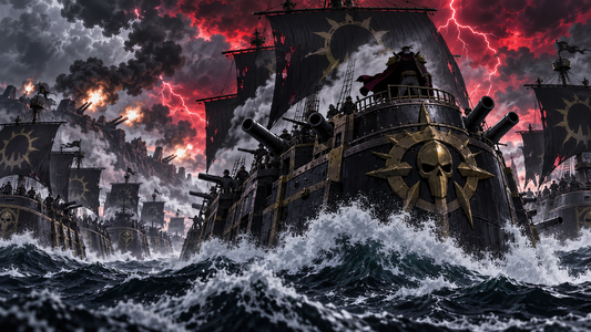 Krieg Pirates fleet of armored ships crossing a stormy ocean