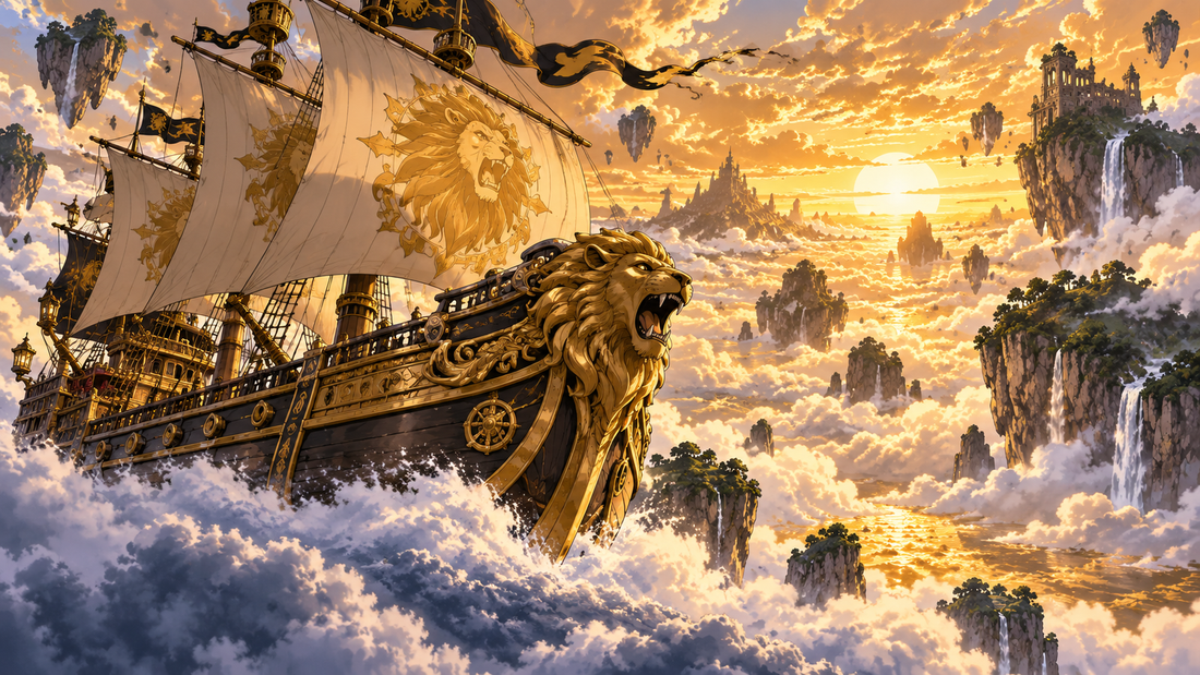 Golden lion-themed pirate ship amid misty waves for the Golden Lion Pirates