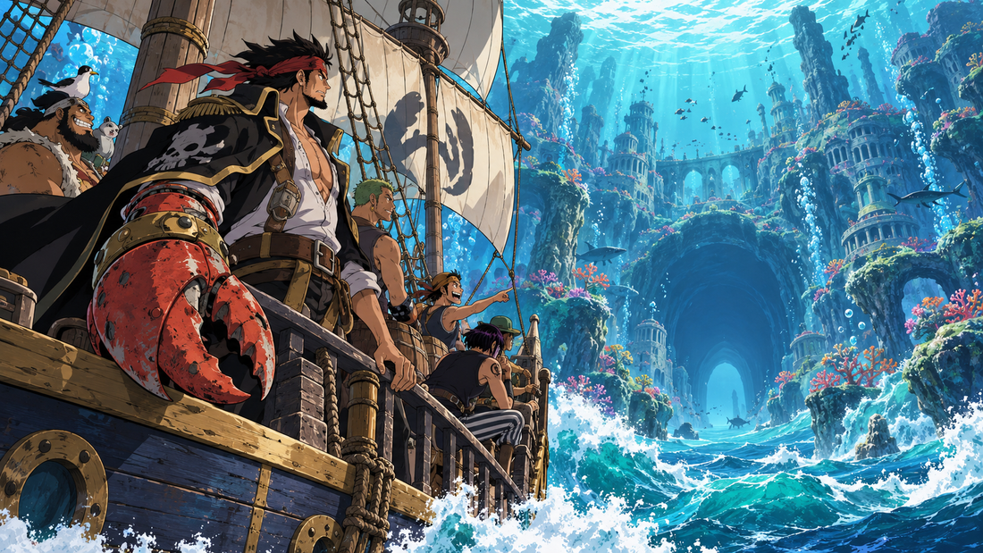 Storm-lit pirate ship representing the Gyro Pirates sailing through the South Blue