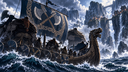 Towering warrior silhouettes aboard a longship for the Giant Warrior Pirates