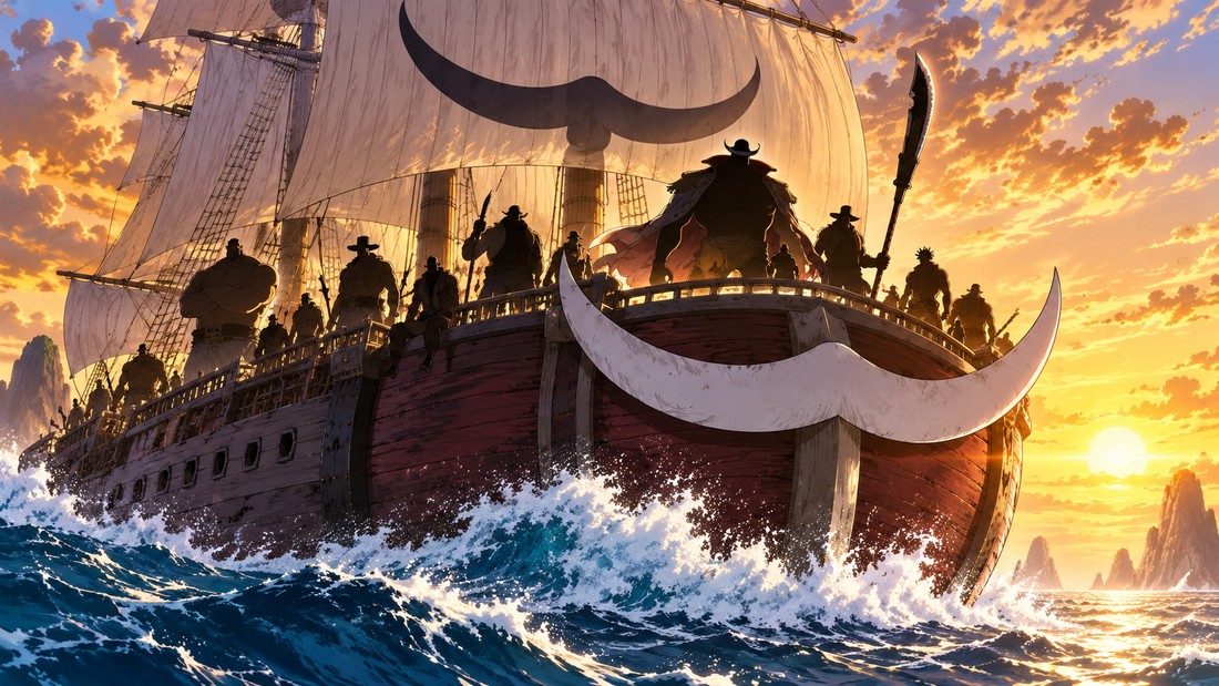Massive pirate ship beneath a golden dawn for the Whitebeard Pirates