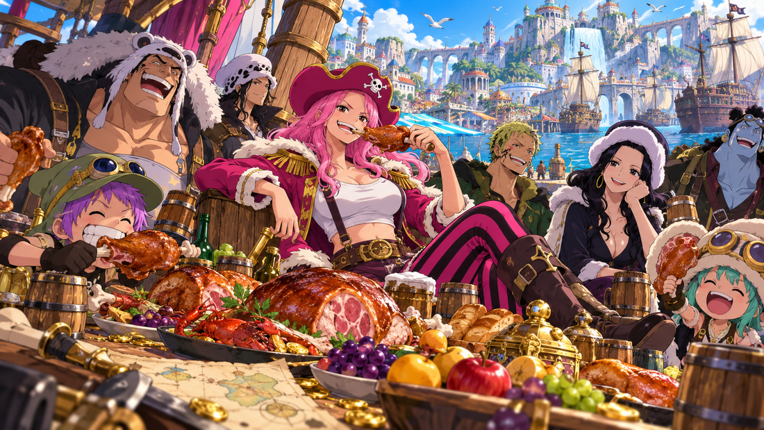 Bonney Pirates captain and crew sharing a feast aboard their ship