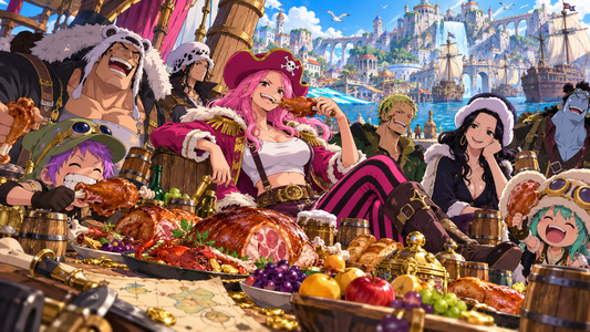 Bonney Pirates captain and crew sharing a feast aboard their ship