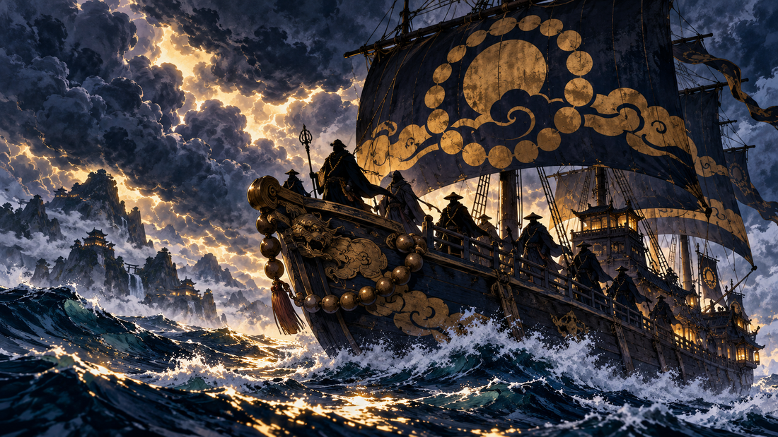 Storm-lit pirate vessel with prayer-bead motifs for the Fallen Monk Pirates