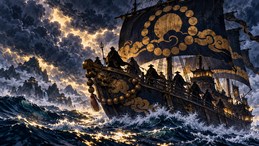 Storm-lit pirate vessel with prayer-bead motifs for the Fallen Monk Pirates