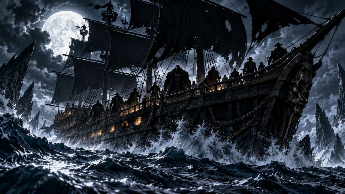 Black-sailed pirate ship in moonlit storm for the Blackbeard Pirates