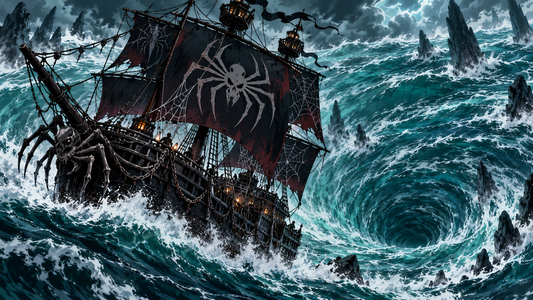 Pirate ship with web-like rigging crossing a whirlpool for the Maelstrom Spider Pirates