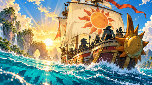 Sun-emblem pirate ship sailing tropical seas for the Sun Pirates