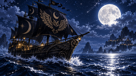 Moonlit pirate ship under a deep blue night sky for the Nox Pirates